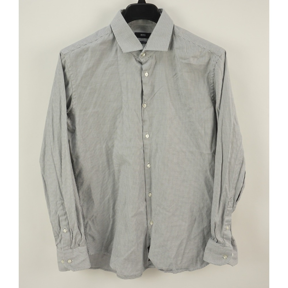 Hugo‎ Boss Italy Cotonificio Albini Men's 17.5 White Black Check Button Up Shirt